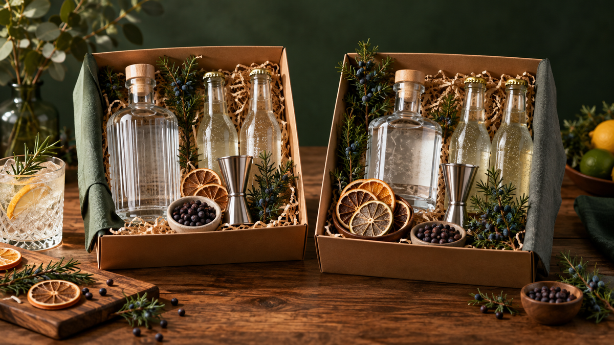 Gin box e bundle regalo con bottiglie, toniche e botaniche