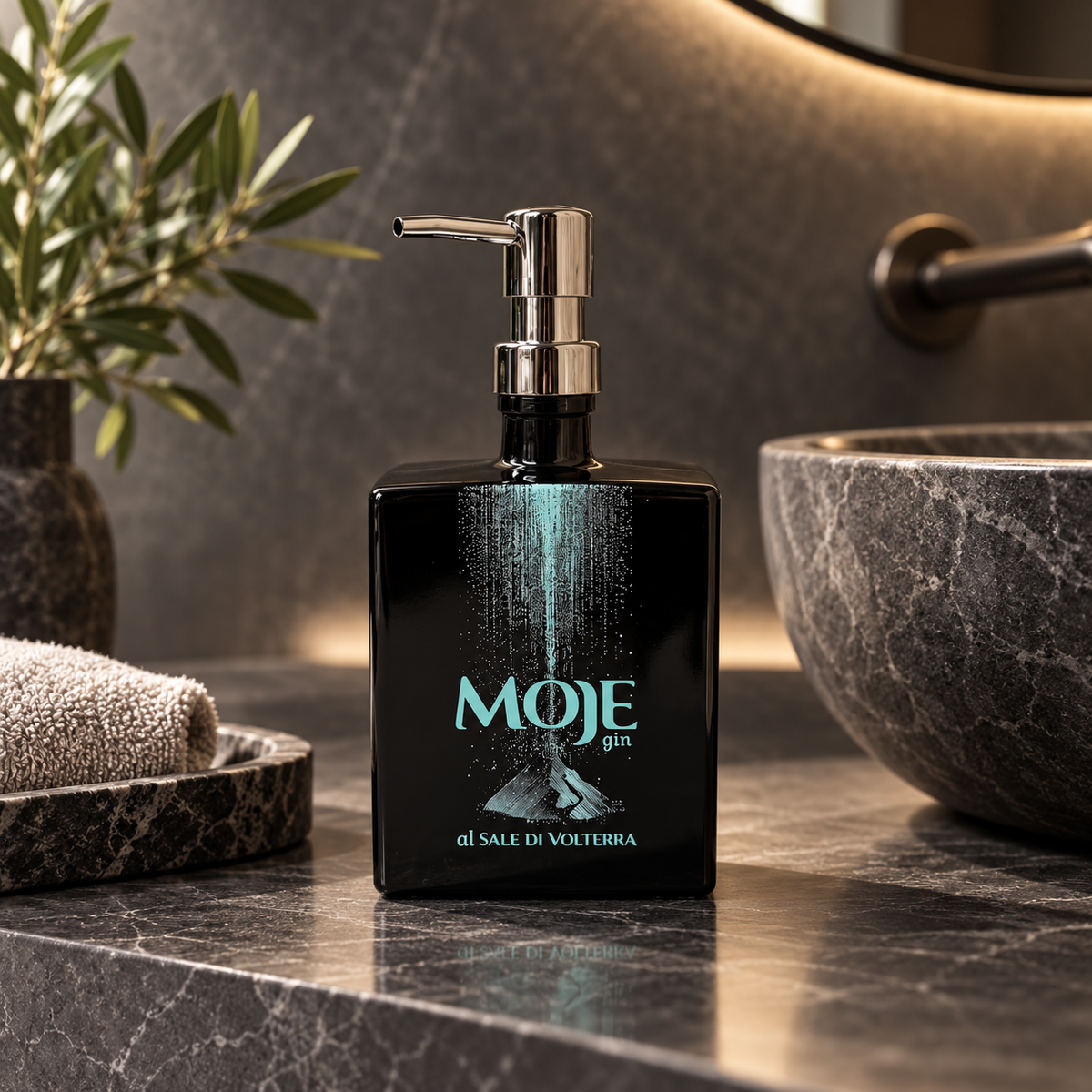 Dispenser Moje ambientato in bagno con lavabo scuro