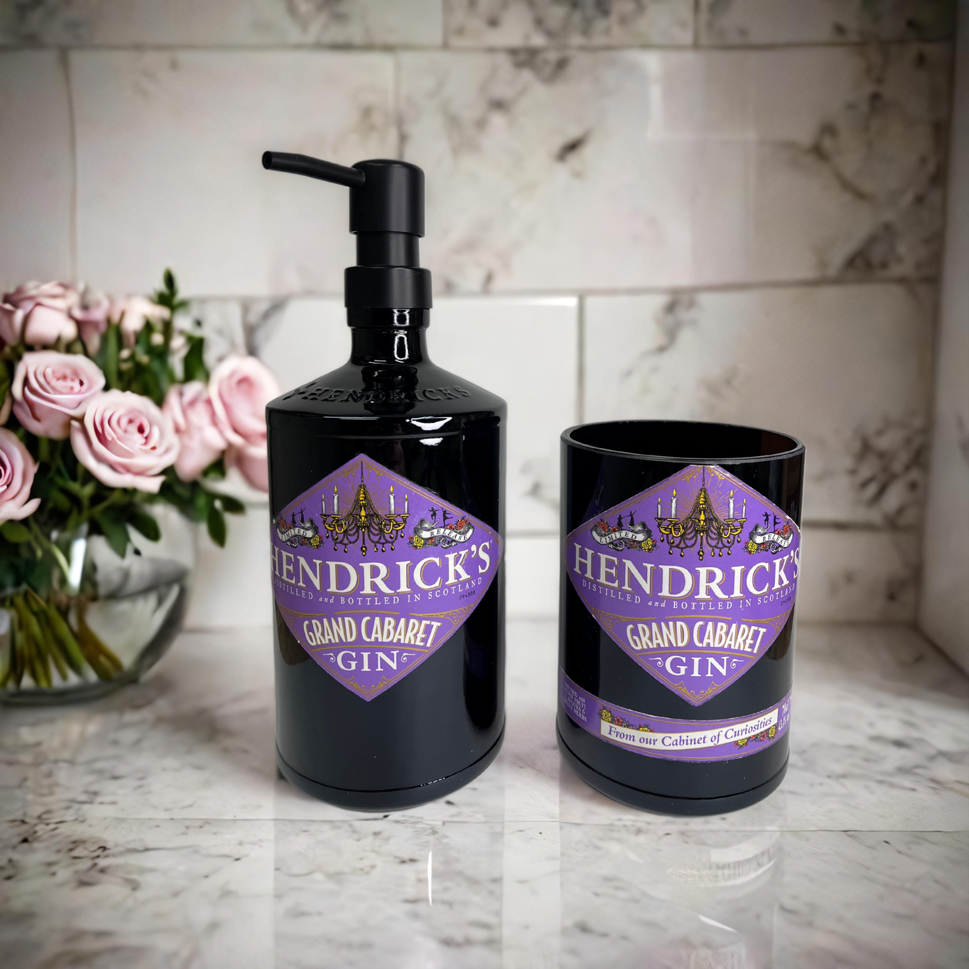 set bagno gran cabaret dispenser portaspazzolino artigianale riciclo bottiglie